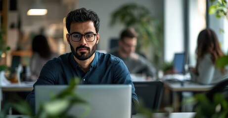 Obraz premium Arab businessman collaborates with colleagues in a modern office during daylight hours, showcasing professionalism and focus. Generative AI