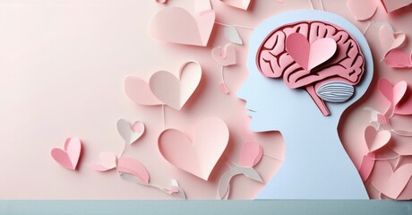 Paper cutout of person with heart and brain connected soft pink and gray tones symbolizing emotional intelligence and mental health awareness