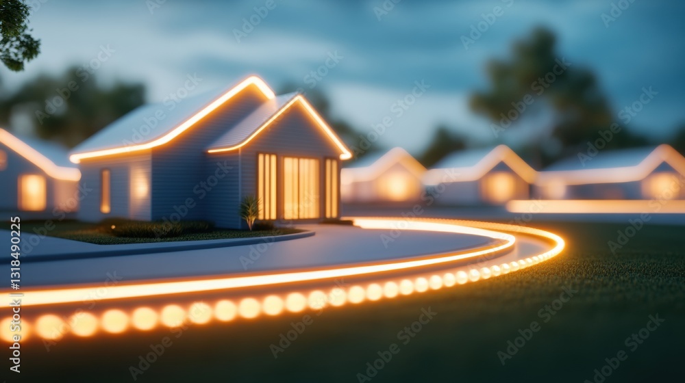 Poster a serene evening scene featuring illuminated houses with soft lighting, creating a cozy and inviting