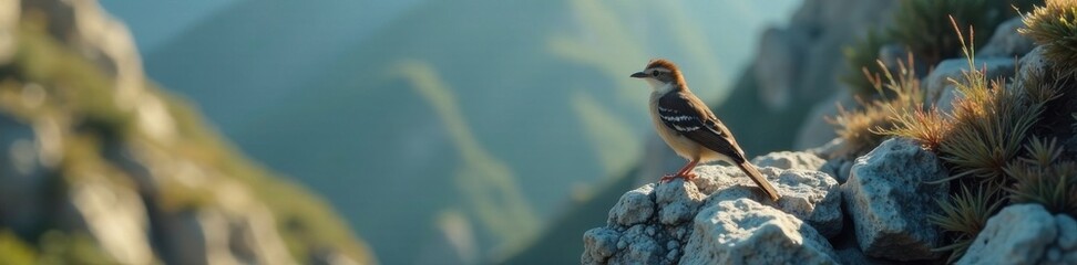 Obraz premium Feathered bird perched on a rocky cliff, sky, birds, horizon