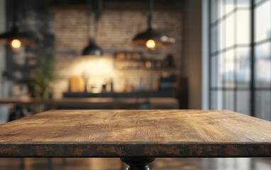 Industrial-style metal and wood dining table on a softly blurred loft apartment background