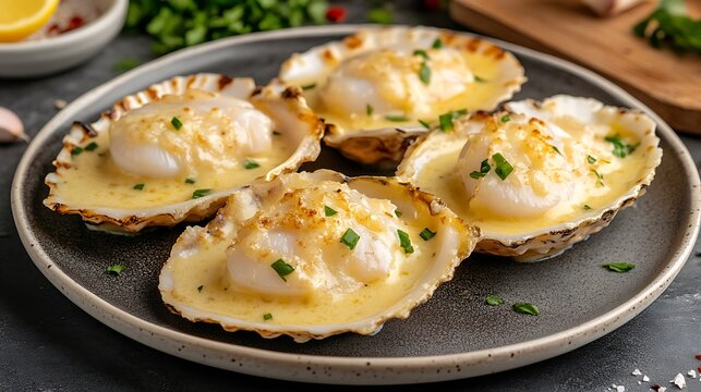 Grilled scallops in shells with creamy sauce.