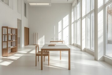 Fototapeta premium Minimalist bright interior with wooden furniture and large windows.
