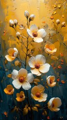 Golden Yellow and White Floral Oil Painting Art Abstract Textured Wall Decor