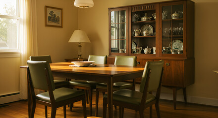 Retro styled dining room featuring a polished wooden table, vinyl-upholstered chairs, and ornate china cabinet, evoking,hardware, lighting, fixture, placemat