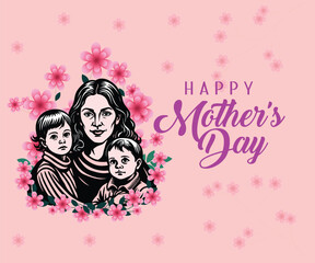Happy Mother's Day Vector Beautiful Floral Design with Mother and Baby Illustration