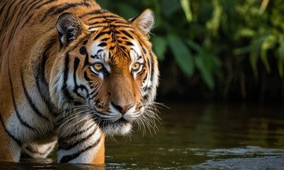 Obraz premium Magnificent Bengal Tiger Prowling in Water with Intense Gaze Close-Up