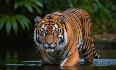 Fototapeta premium Magnificent Sumatran Tiger Prowls Through Water, A Captivating Wildlife Portrait