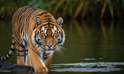 Fototapeta premium Powerful Tiger Walking Through Water with Intense Gaze and Stripes