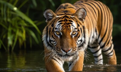 Obraz premium Magnificent Bengal Tiger Strolling in Water, Close-up Portrait in Jungle