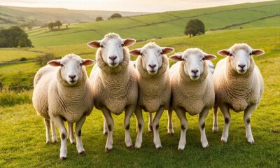 Fototapeta premium Five Curious Sheep Staring at the Camera on a Sunny Green Pasture