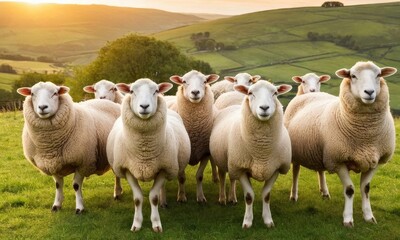 Fototapeta premium A charming gathering of sheep grazing peacefully in a serene countryside setting