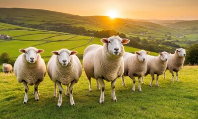 Naklejka premium A Picturesque Meadow Scene with a Charming Flock of Sheep at Sunset