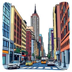 Cartoon New York City street scene. Cityscape with buildings and traffic. Urban.