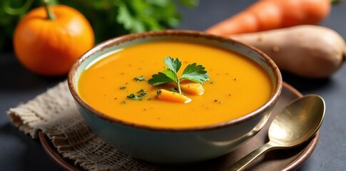 Creamy sweet potato soup with carrot and ginger, orange, sweet potato