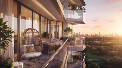 Fototapeta premium Cozy balcony at sunset with potted plants and a chair