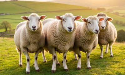 Fototapeta premium Flock of Sheep Grazing Peacefully in a Sunny Meadow on a Farm in the Countryside