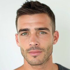 Obraz premium Handsome Man with Harmonious Facial Features and Masculine Short Hair against White Background