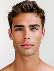 Fototapeta premium Handsome Man with Harmonious Features and Masculine Appearance in Front of White Background