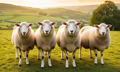 Obraz premium Charming Portrait of Four Sheep Grazing in a Lush Green Meadow at Sunset