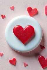 Obraz premium Close-up of small heart on white plastic button, heart, tiny love symbol, decoration