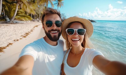 Obraz premium Happy couple taking selfies together on a sunny beach during vacation
