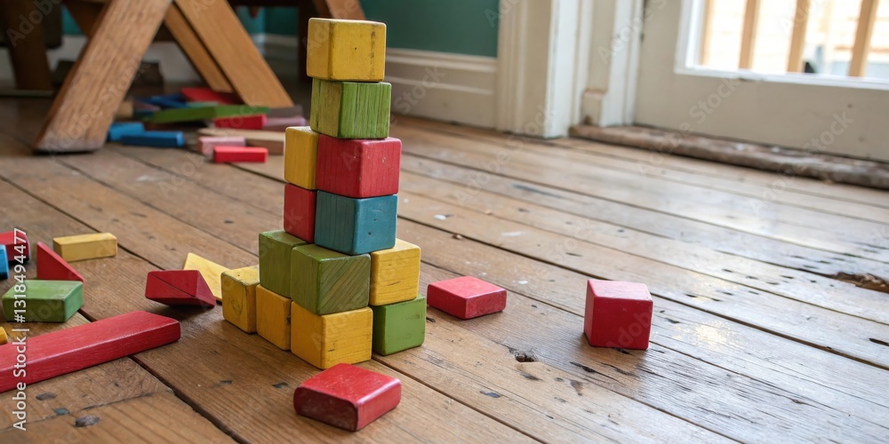 Poster A wooden tower built of colorful blocks sits on a weathered wooden floor, surrounded by scattered blocks.
