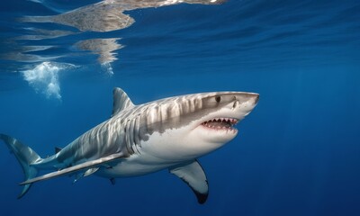 Obraz premium Magnificent great white shark swimming gracefully beneath the ocean surface