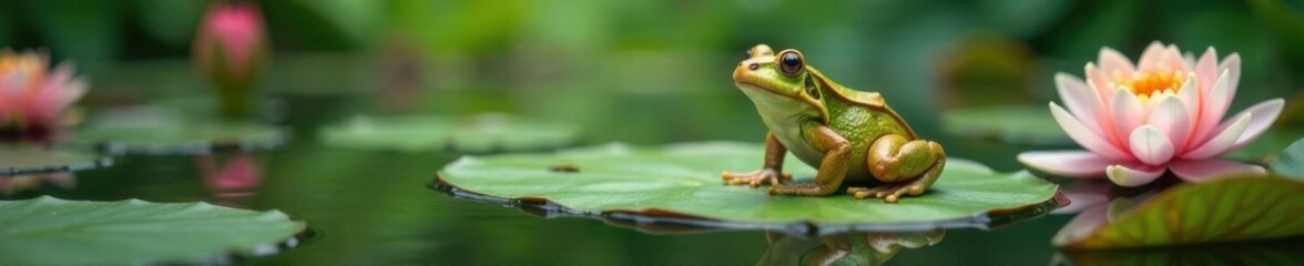 Frog sitting on a lily pad surrounded by water lilies and leaves , aquatic, calm, green