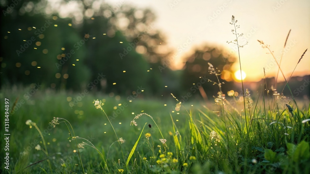 Poster golden hour glow in a field of tall grass with fireflies dancing in the twilight