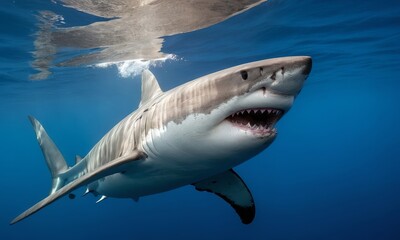 Fototapeta premium Majestic Great White Shark Ascends in Clear Blue Ocean Depths