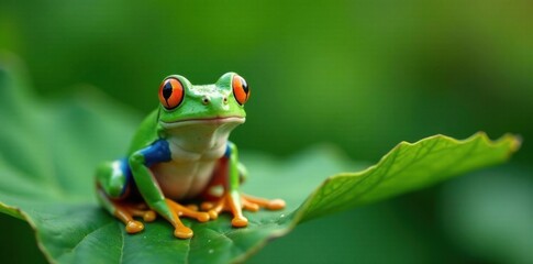 Obraz premium Frog sitting on a thick green leaf with a big grin, green, frog, thick