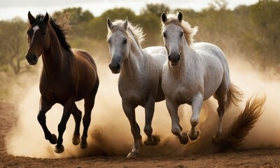 Obraz premium Three magnificent horses gallop across a dusty plain, showcasing their freedom and beauty