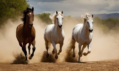 Obraz premium Majestic Horses Galloping Freely Across Dusty Plains, A Symbol of Strength and Speed
