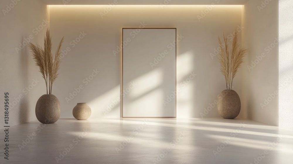 Poster a minimalistic empty frame, centered on a white wall, with just the frame and soft lighting surround
