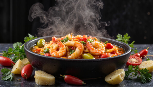 Steaming chupe de camarones in modern kitchen, culinary delight