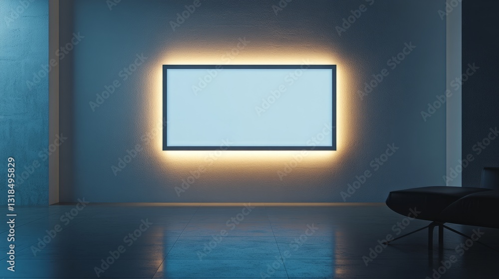 Poster a minimalistic empty frame, centered on a white wall, with just the frame and soft lighting surround