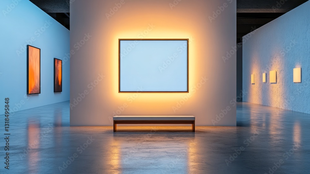 Poster a minimalistic empty frame, centered on a white wall, with just the frame and soft lighting surround