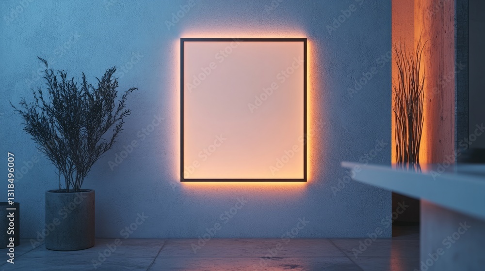 Poster a minimalistic empty frame, centered on a white wall, with just the frame and soft lighting surround