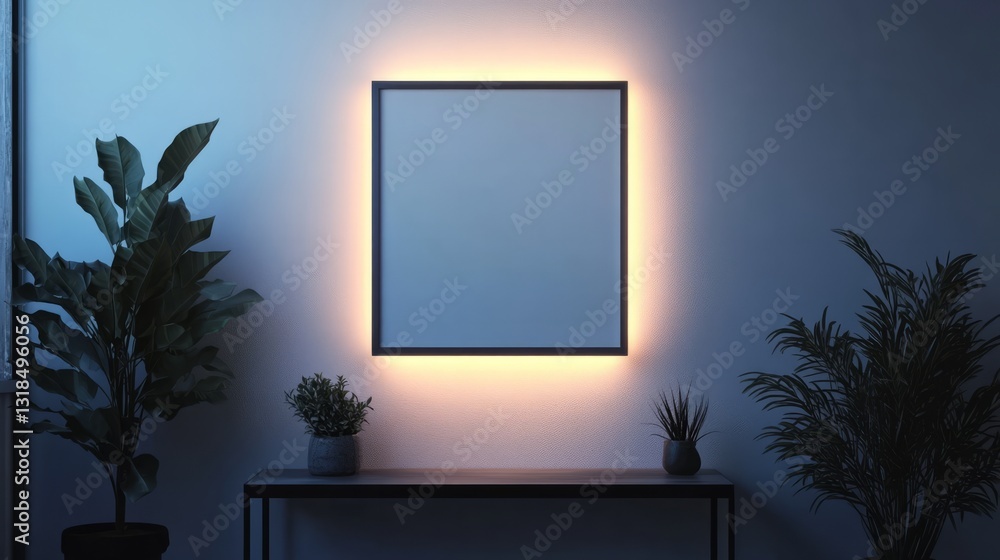 Poster a minimalistic empty frame, centered on a white wall, with just the frame and soft lighting surround