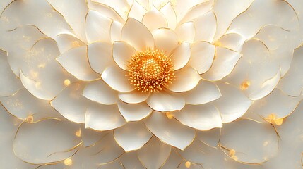 Symmetrical geometric patterns featuring golden chrysanthemum designs, intricate detailing with radiant metallic highlights, smooth flowing lines on a soft ivory and gold gradient backdrop,