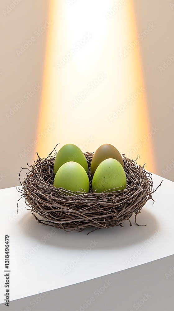 Poster green eggs nest in twigs with soft light background for spring or easter themes