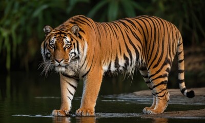 Fototapeta premium Magnificent Tiger Pauses for a Drink in Lush Jungle Environment
