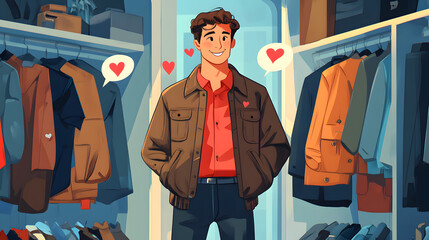 A guy showcasing his wardrobe, with heart icons and comment bubbles on the clothes