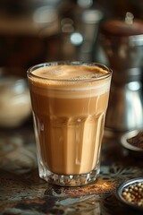 High Angle View of a Glass of Milk Tea with Clean Lines and Minimalist Background