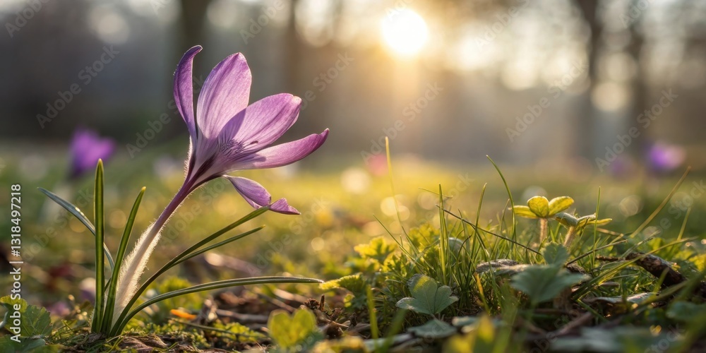 Poster a single crocus flower blooms in the golden light of the setting sun, surrounded by green grass and 