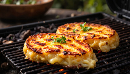 Golden grilled Provoleta cheese on barbecue, evening delight