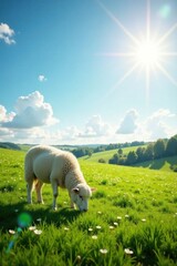 Fototapeta premium Gentle sheep grazing under a sunny sky , open field, sheep, clouds