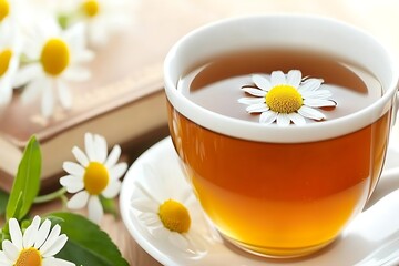 Cup of Herbal Tea with Chamomile Flower Floating on Surface Surrounded by Fresh Flowers