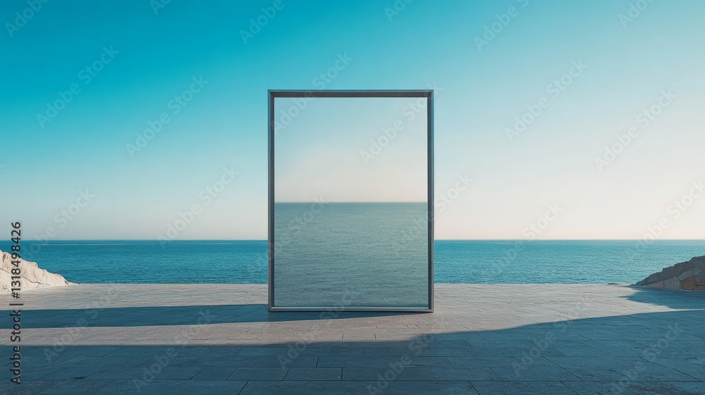 Poster an empty metallic frame, leaning against a muted background, its simple form standing out against a 